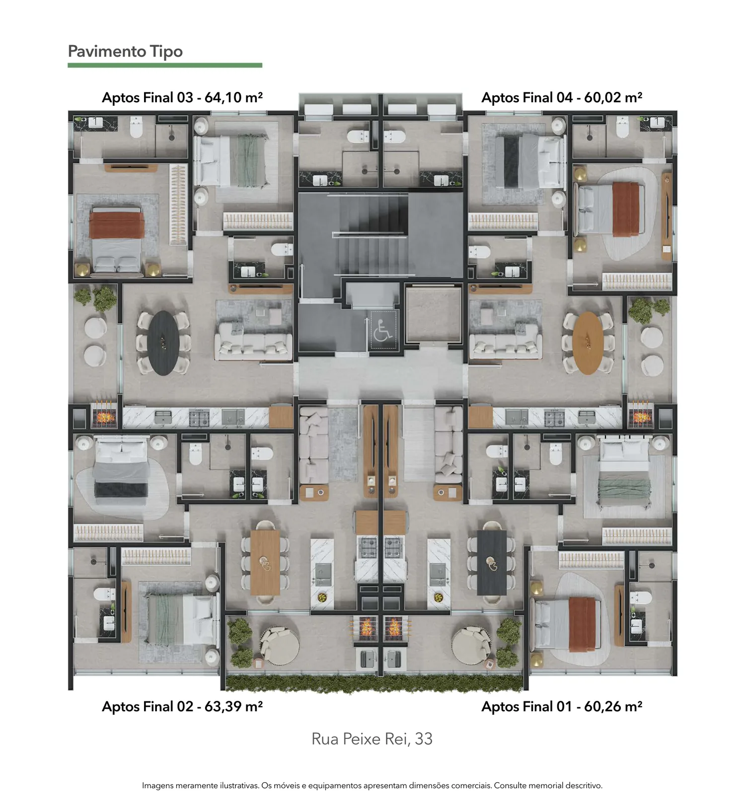 Planta do pavimento tipo, com os quatro apartamentos por andar e a metragem de cada um
