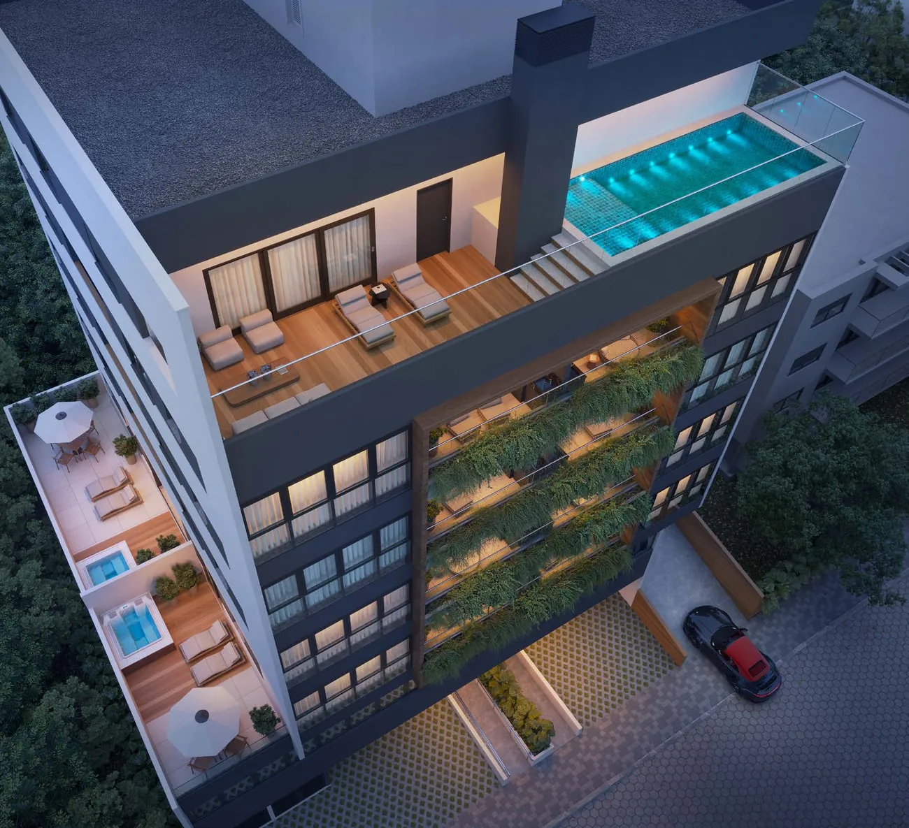 Vista aérea em corte do prédio, mostrando a piscina elevada, os terraços e os ambientes do rooftop