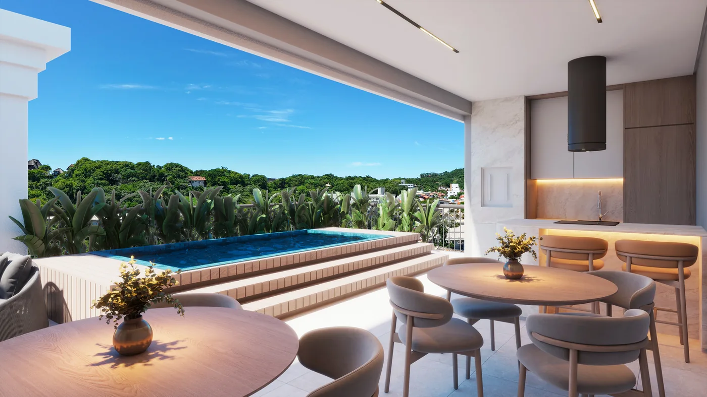 Salão de festas aberto para o terraço, com mesas redondas, cozinha de apoio embutida na marcenaria e a piscina do rooftop logo à frente