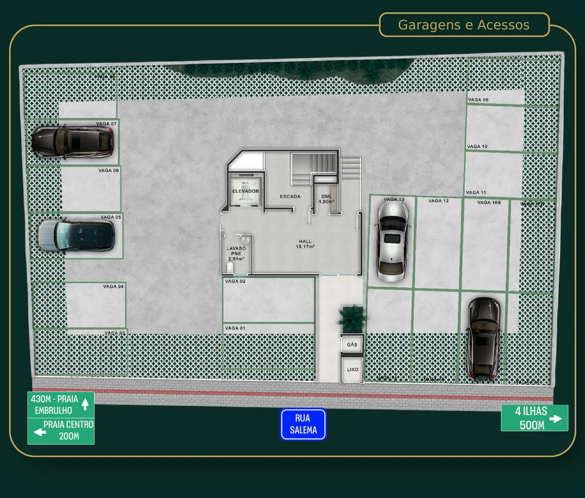 Planta das garagens e acessos do Château de Lumière, com as vagas numeradas, o hall, a escada e a Rua Salema na base do desenho
