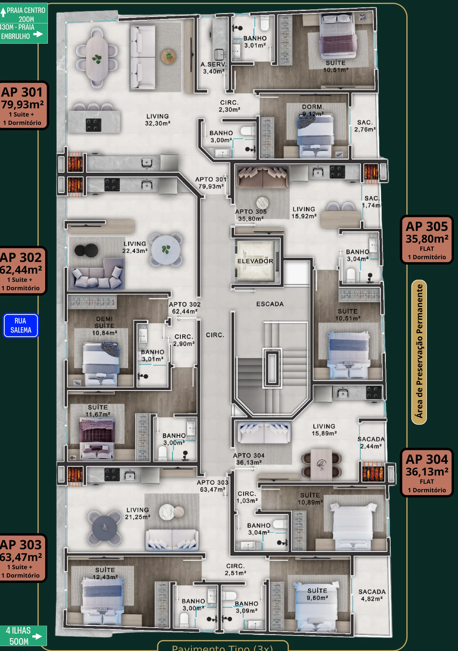 Planta do pavimento tipo do Château de Lumière, com os cinco apartamentos em volta da escada e do elevador, cada um identificado com número, metragem e número de dormitórios