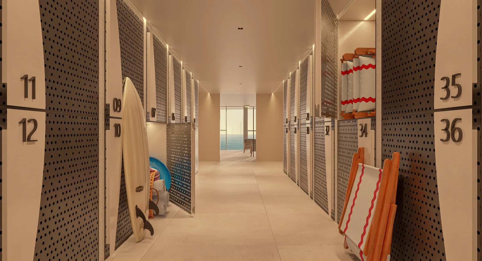 Beach box do Marine, armários de madeira para guardar pranchas e equipamento de praia junto ao acesso externo