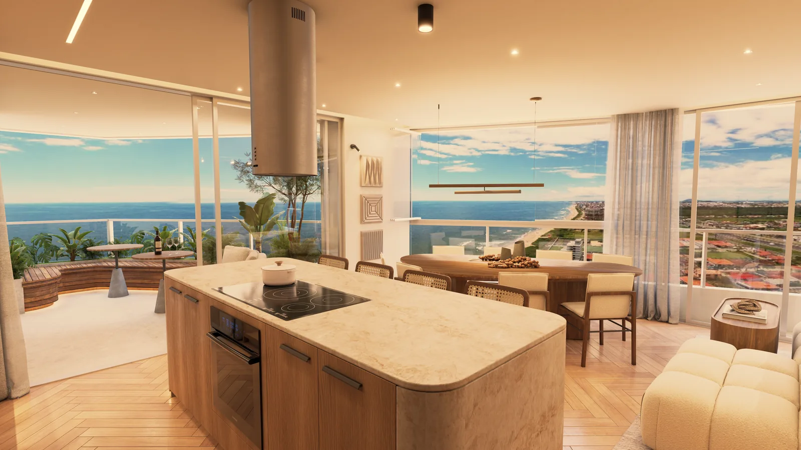 Cozinha de um apartamento do Marine, integrada ao estar, com ilha central e armários de madeira clara