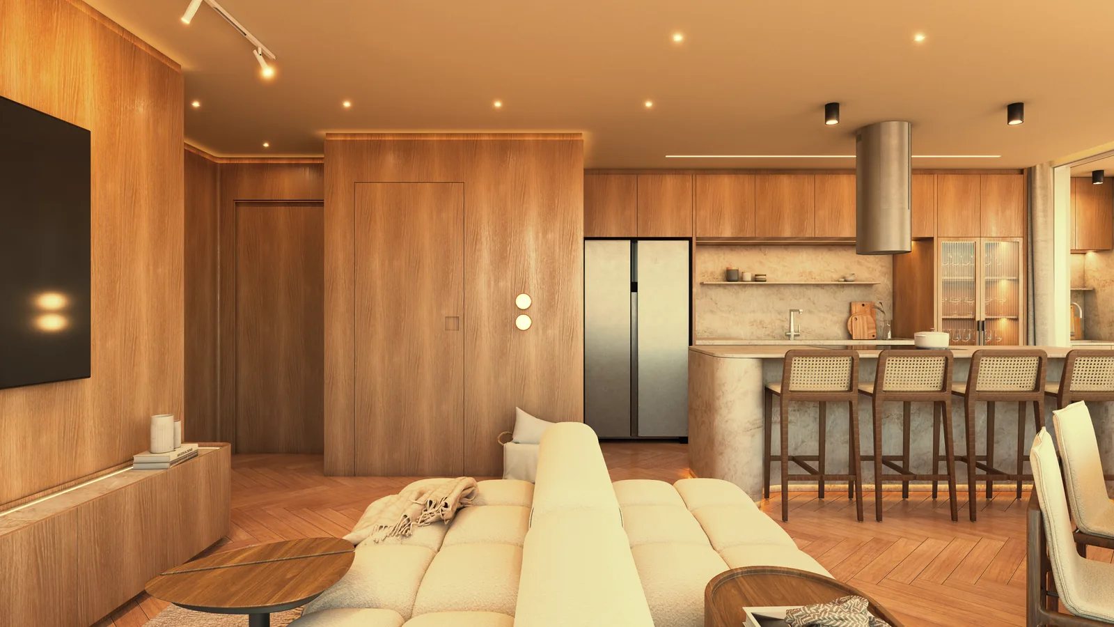 Sala de estar de um apartamento do Marine, com sofá claro, painel de madeira e janela corrida para o mar