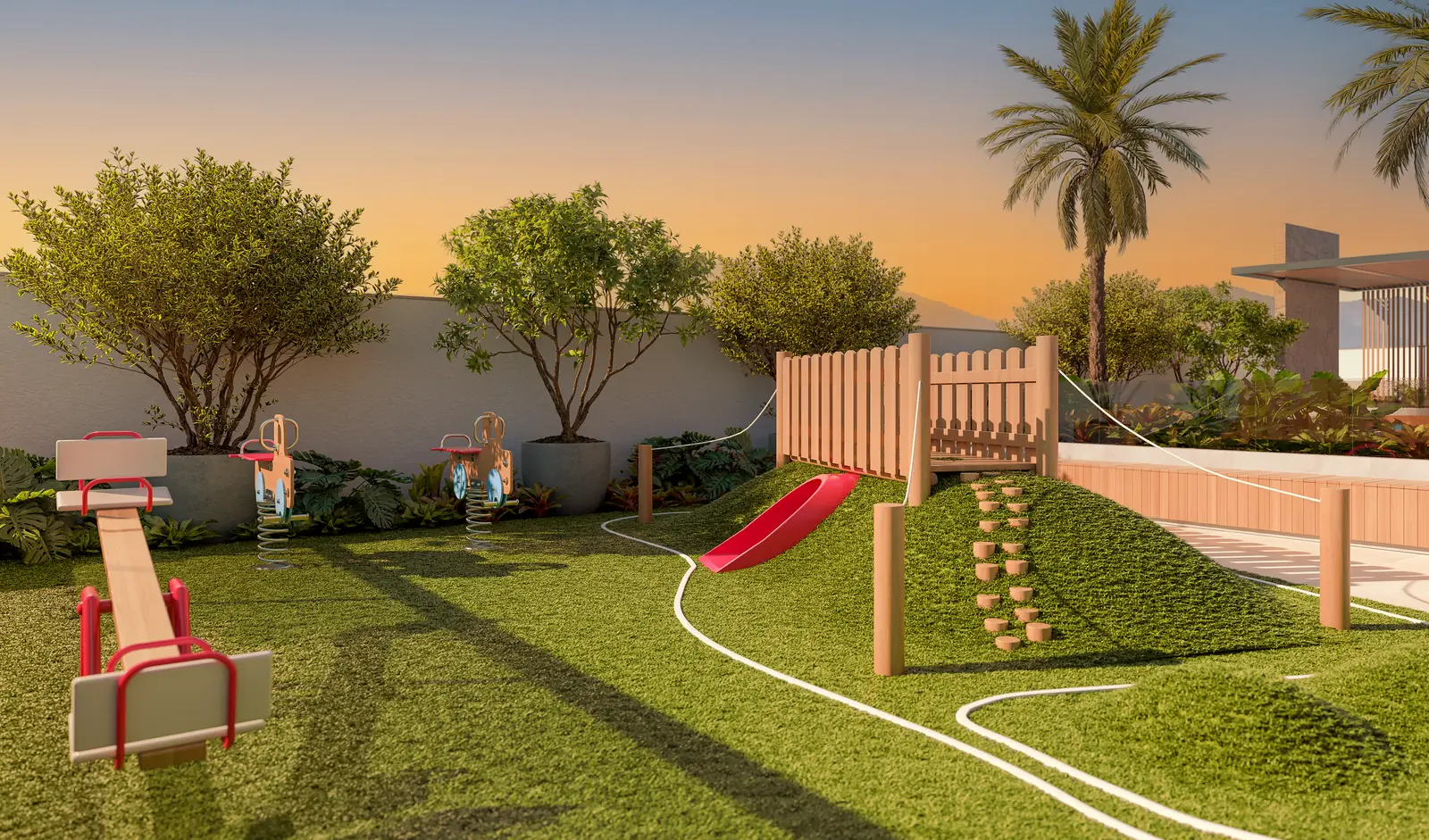Playground do Marine, com brinquedos de madeira, piso emborrachado e vegetação em volta