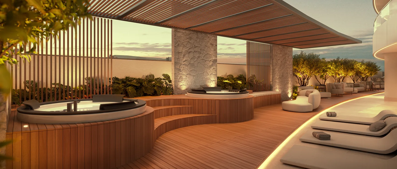 Espaço spa do Marine, com banheira, iluminação indireta e revestimento de pedra clara