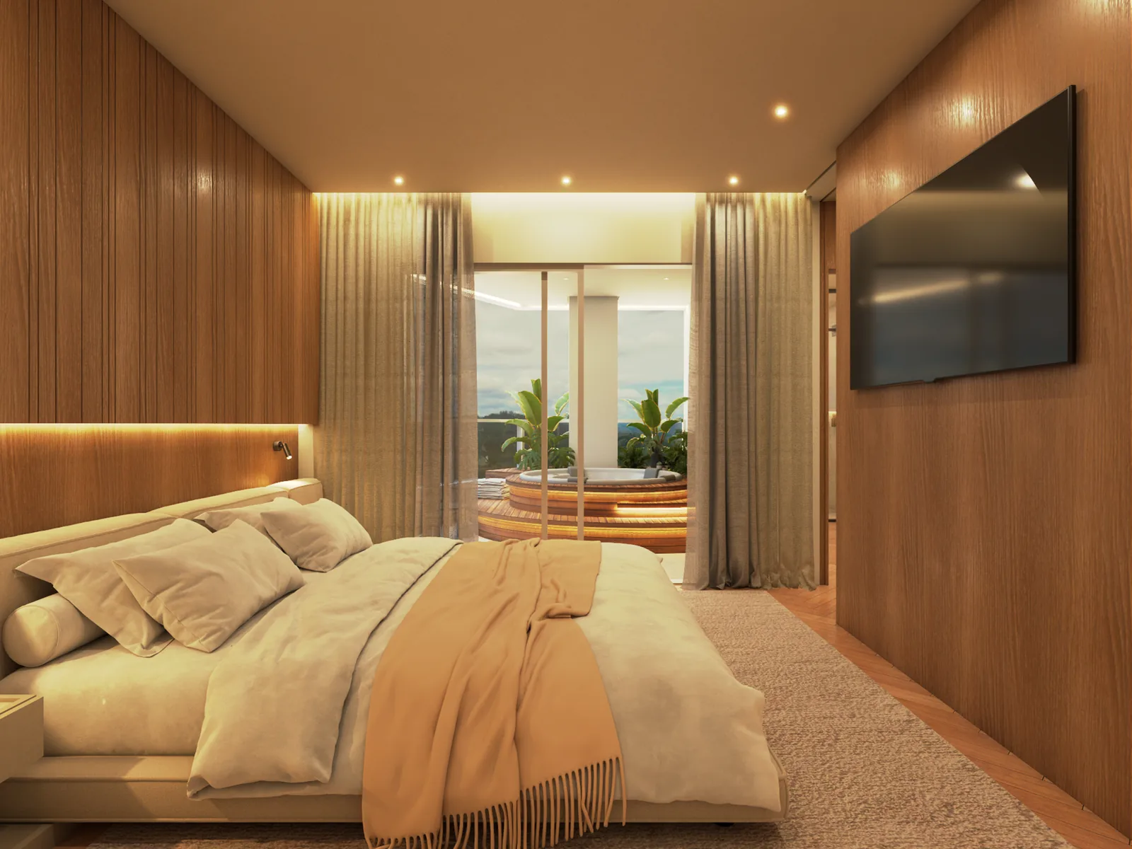 Suíte do Marine, com cama de casal, painel atrás da cabeceira, armário embutido e janela para o mar