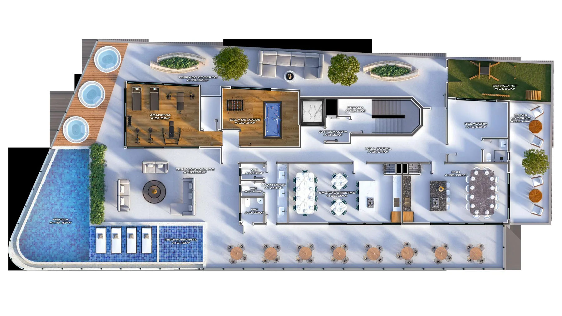 Planta do pavimento de lazer do Miraj, com a piscina na ponta, o salão de festas, o espaço gourmet, a academia, a sauna e o espaço pet