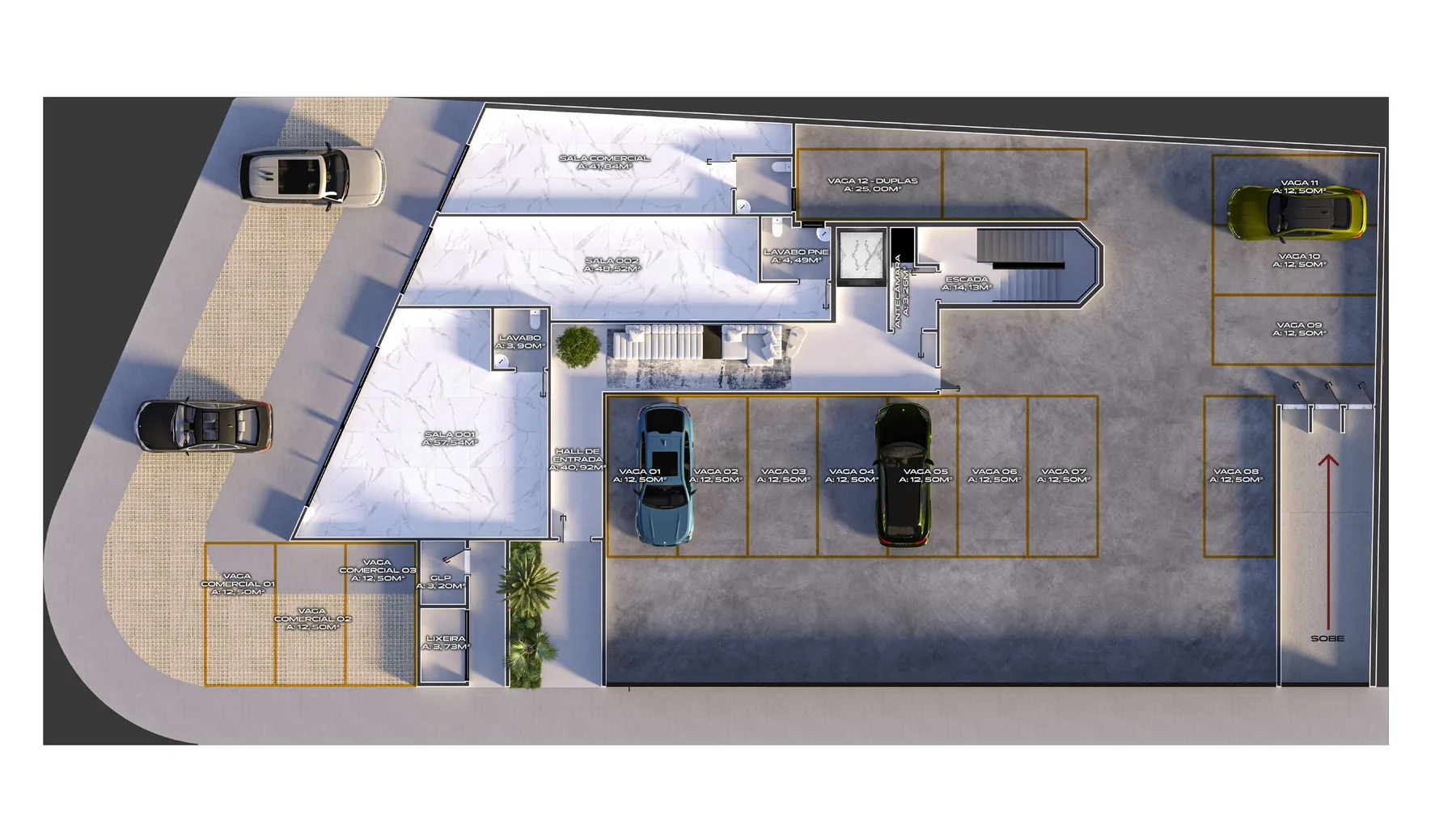 Planta do pavimento térreo do Miraj, com as salas comerciais na frente, o hall de entrada e a rampa de acesso às garagens