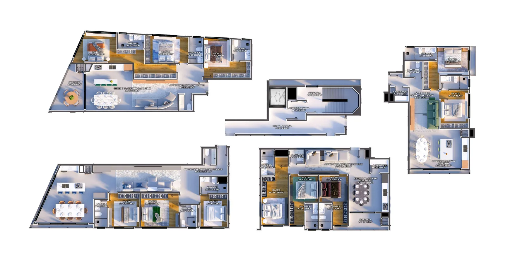 Plantas dos quatro apartamentos tipo do Miraj lado a lado, do T-01 ao T-04, cada uma com living integrado, suítes e sacada com churrasqueira