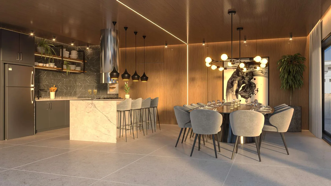 Pub com ilha de mármore e banquetas, mesa de jantar sob lustre de vidro, adega climatizada e teto de madeira