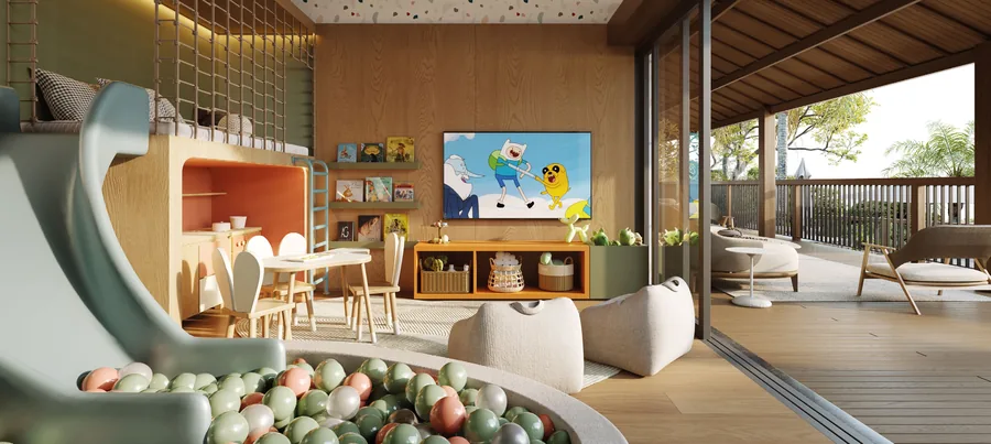Brinquedoteca com escorregador, piscina de bolinhas, cozinha de brinquedo e televisão