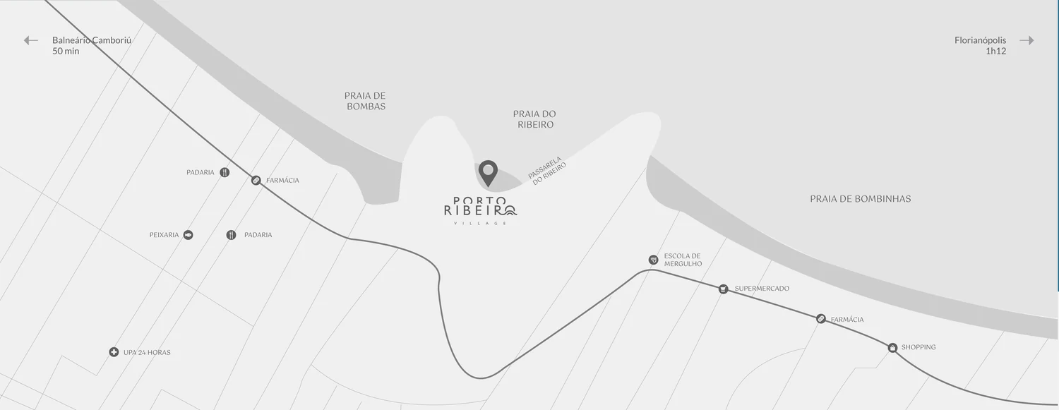 Mapa do entorno do Porto Ribeiro Village, entre a Praia de Bombas e a Praia de Bombinhas, com padaria, farmácia, peixaria, supermercado, escola de mergulho, shopping e UPA 24 horas marcados