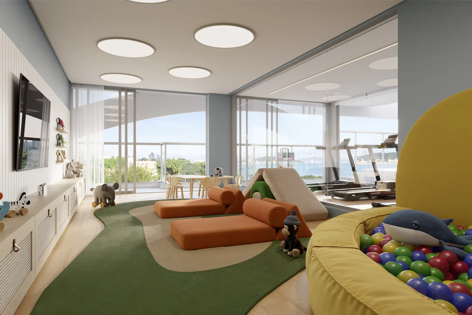 Brinquedoteca do Punta Cana Residence, com mesa infantil, prateleiras baixas e brinquedos