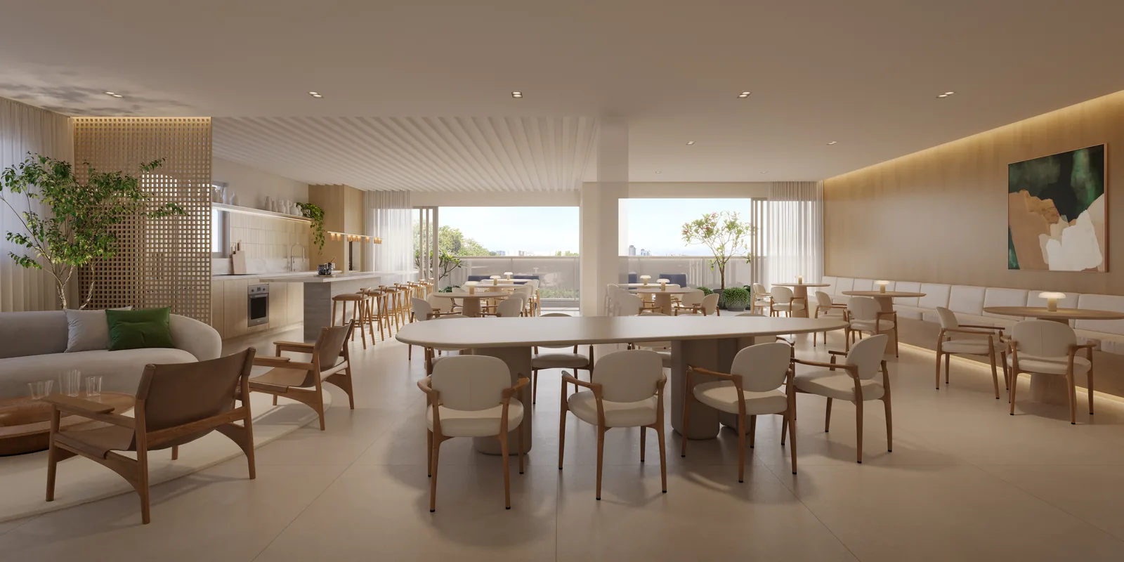 Salão de festas do Punta Cana Residence, com mesas, cozinha de apoio e abertura para o terraço