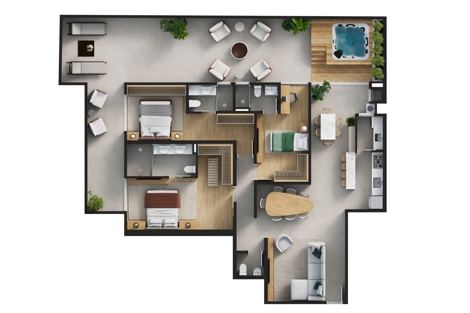 Planta humanizada de uma unidade garden do Punta Cana Residence, com o terraço desenhado junto ao apartamento