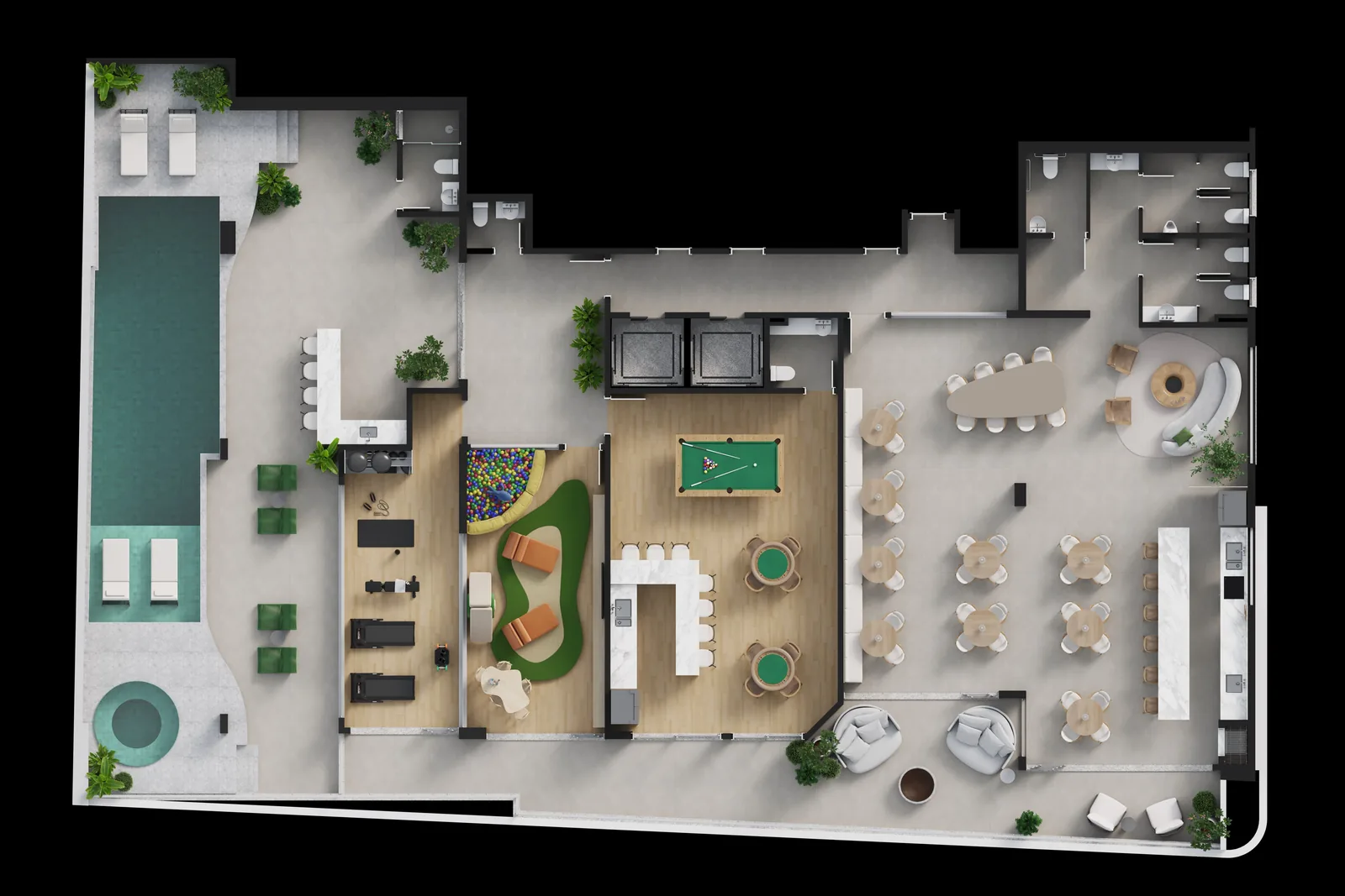 Planta humanizada do pavimento de lazer do Punta Cana Residence, com a piscina, o deck, o salão de festas e os demais ambientes identificados