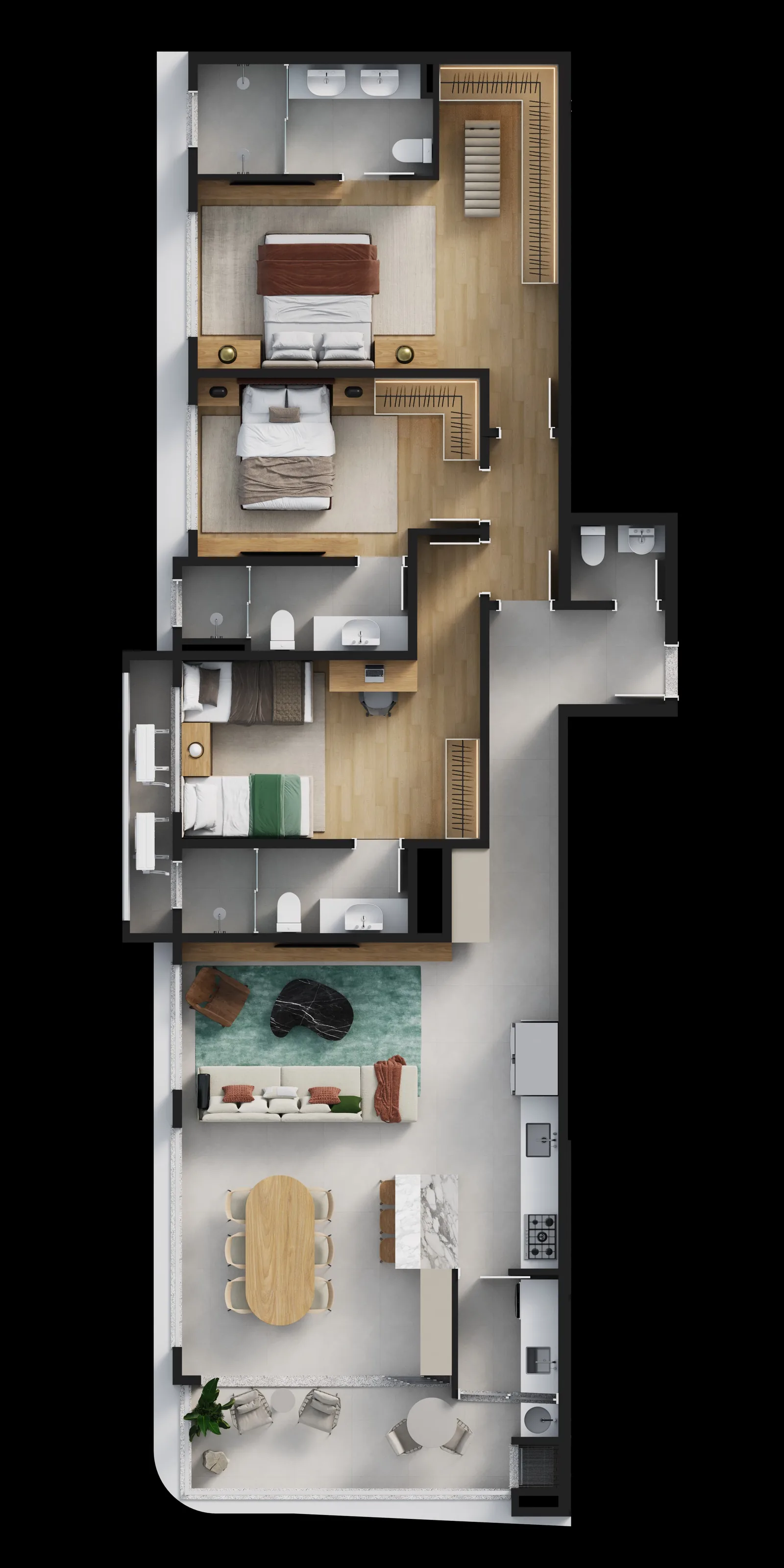 Prancha com as plantas humanizadas dos apartamentos tipo do Punta Cana Residence, com os cômodos e as metragens identificados