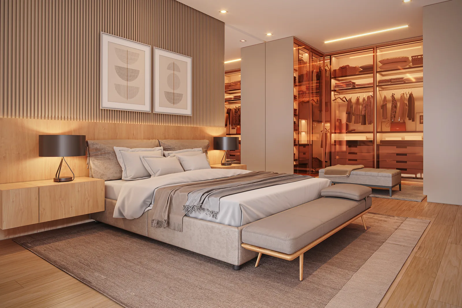 Suíte master de um apartamento do Punta Cana Residence, com cama de casal, painel atrás da cabeceira e janela ampla
