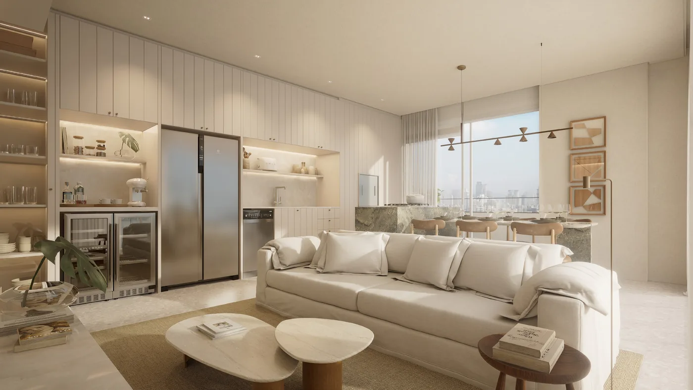 Living do apartamento integrado à cozinha, com marcenaria clara, estar amplo e janela do piso ao teto
