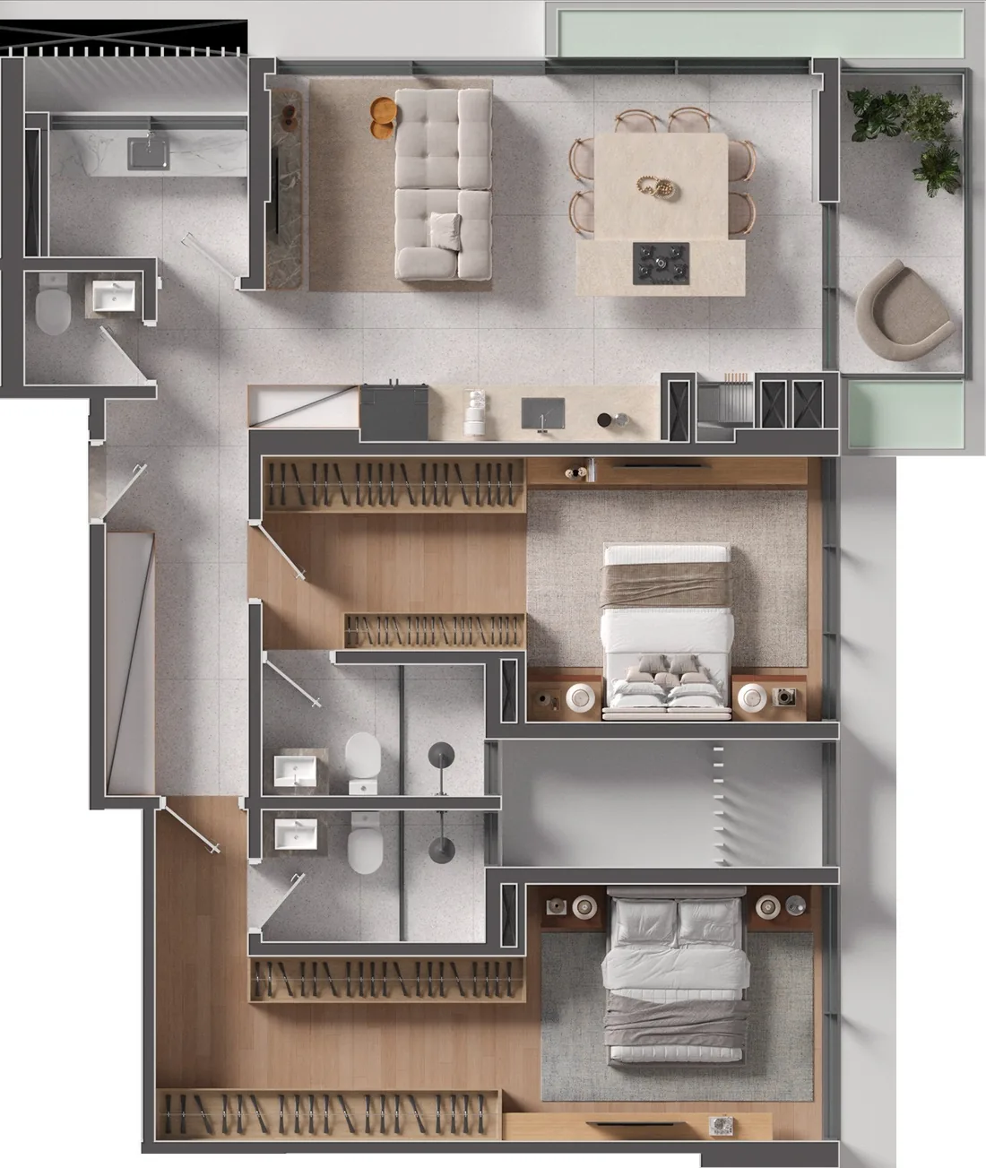Planta de um apartamento de duas suítes, com living integrado à cozinha, varanda, lavabo e depósito