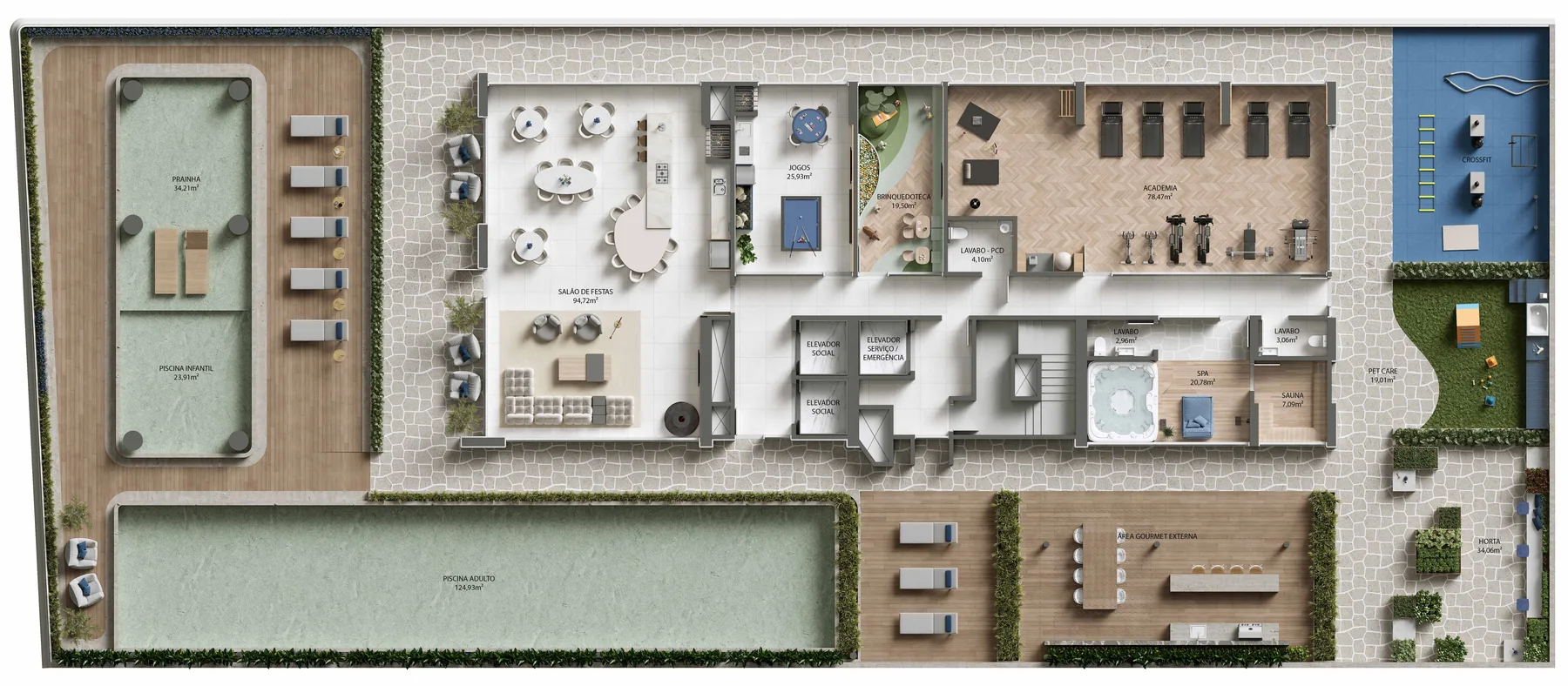 Planta do pavimento de lazer do Velta, com piscina adulto, piscina infantil, prainha, salões e os ambientes internos numerados