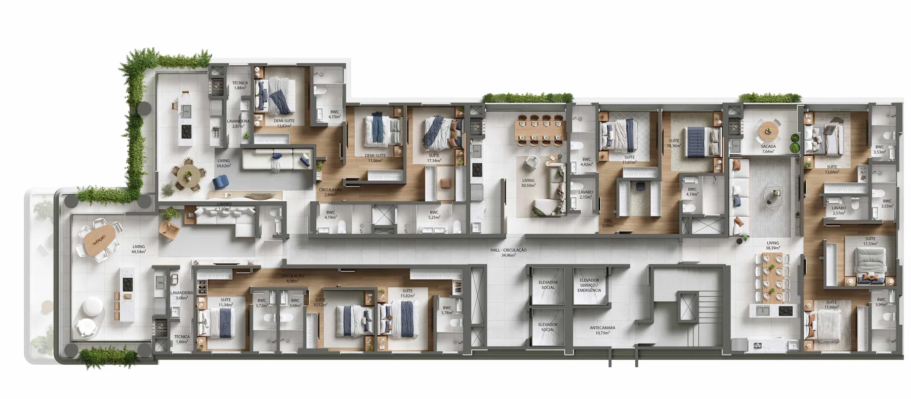 Planta do pavimento tipo do Velta, com quatro apartamentos por andar, livings integrados às cozinhas e sacadas com vegetação na borda