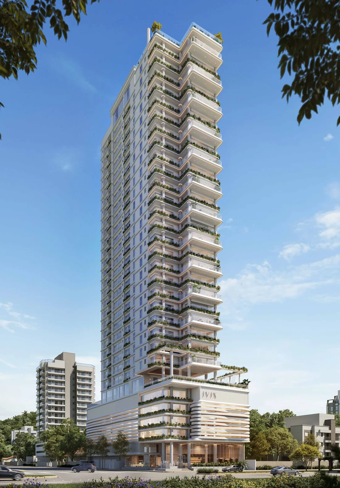 A torre do Velta inteira, vista da rua, com sacadas em curva, jardins pendentes em cada pavimento e o embasamento envidraçado na base