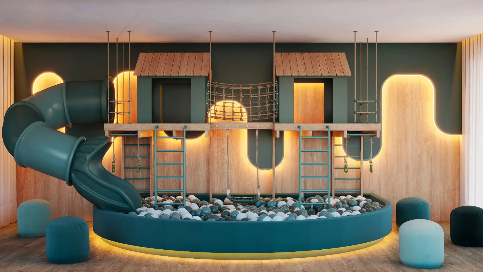 Espaço kids com escorregador em tubo, estrutura de escalada com rede, piscina de bolinhas e pufes espalhados