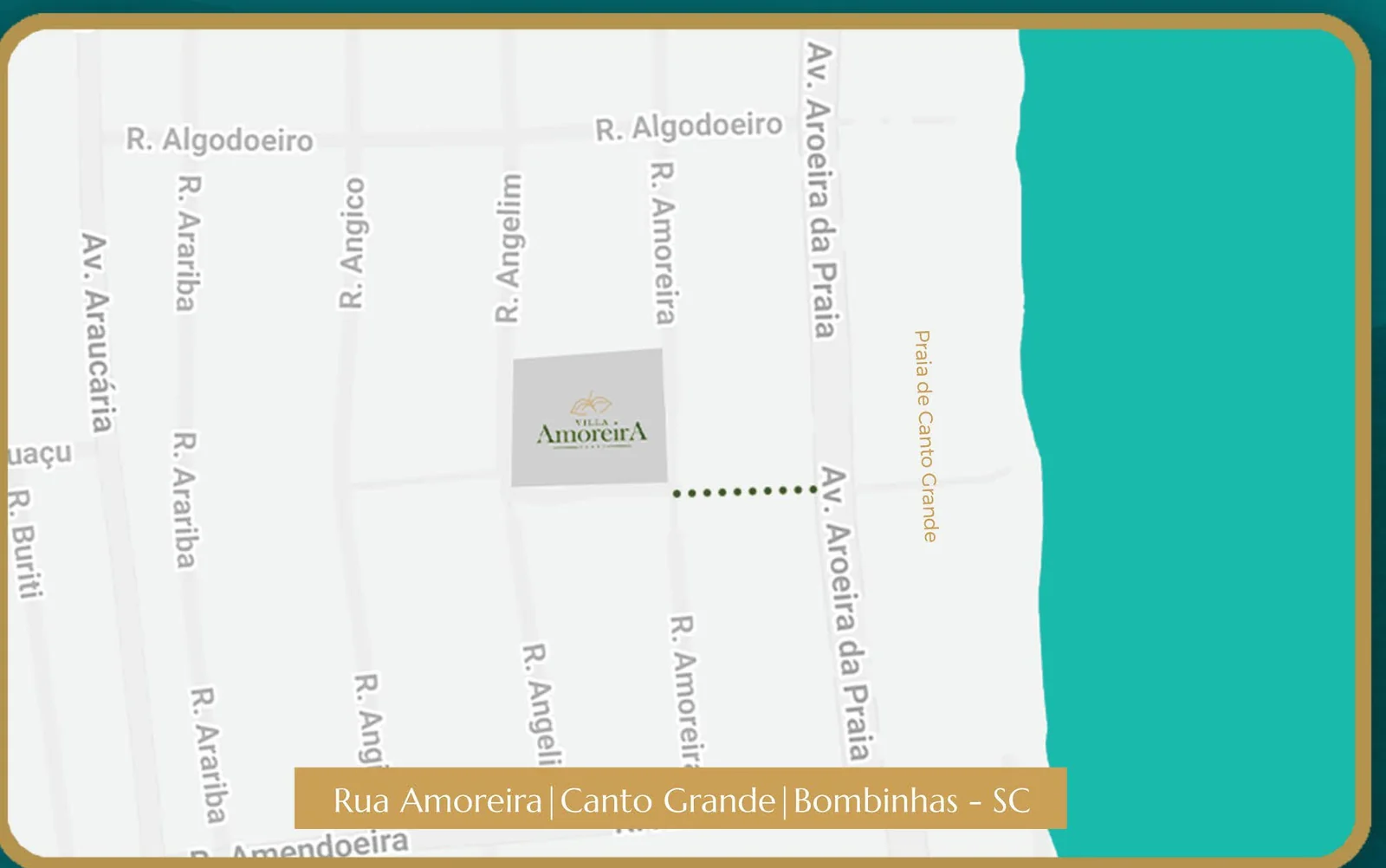 Mapa de Canto Grande com o terreno do Villa Amoreira marcado na Rua Amoreira, a malha de ruas de nomes de árvores e a Praia de Canto Grande à direita