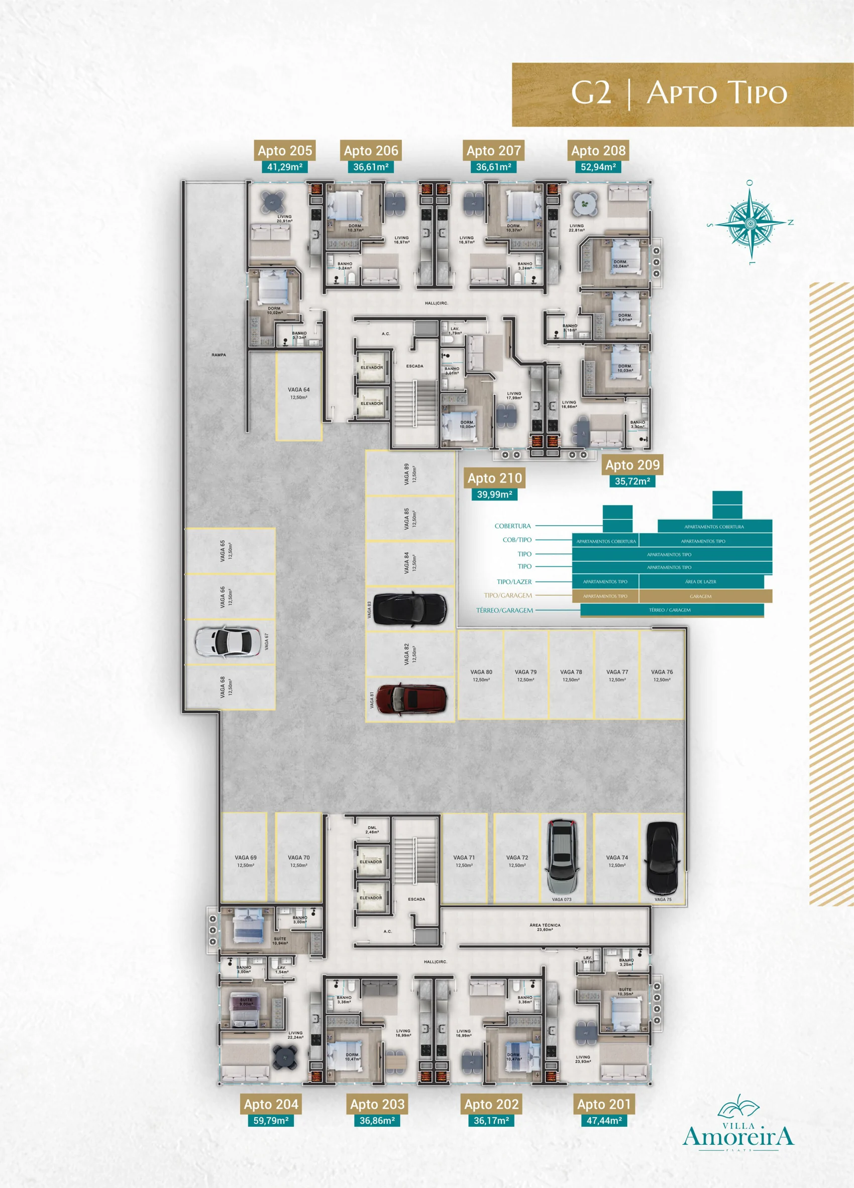 Planta do pavimento G2 do Villa Amoreira, com a segunda garagem de um lado e os primeiros apartamentos tipo do outro