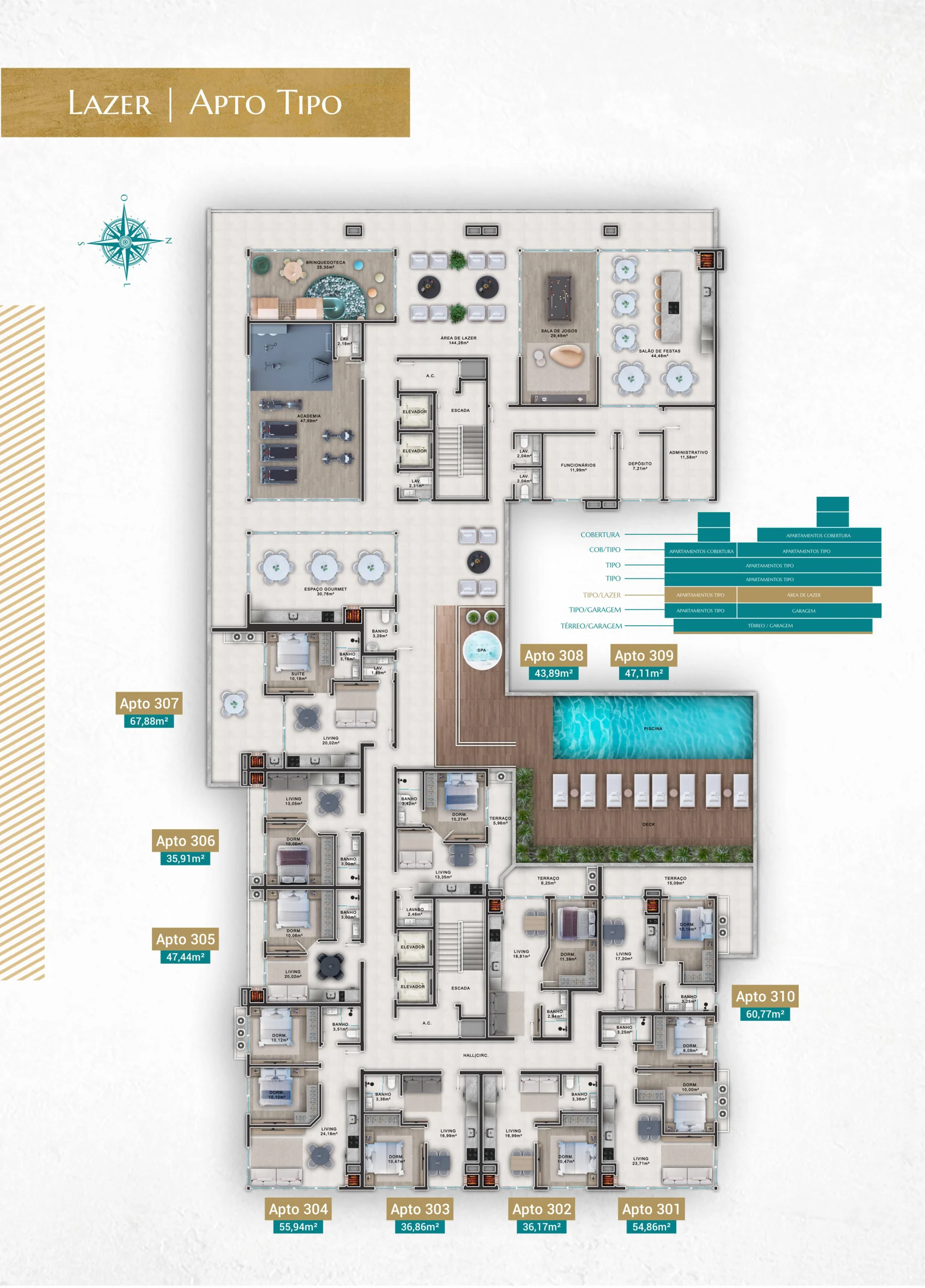 Planta do pavimento de lazer do Villa Amoreira, com a piscina, o espaço kids, a sala de jogos e os apartamentos tipo no mesmo andar