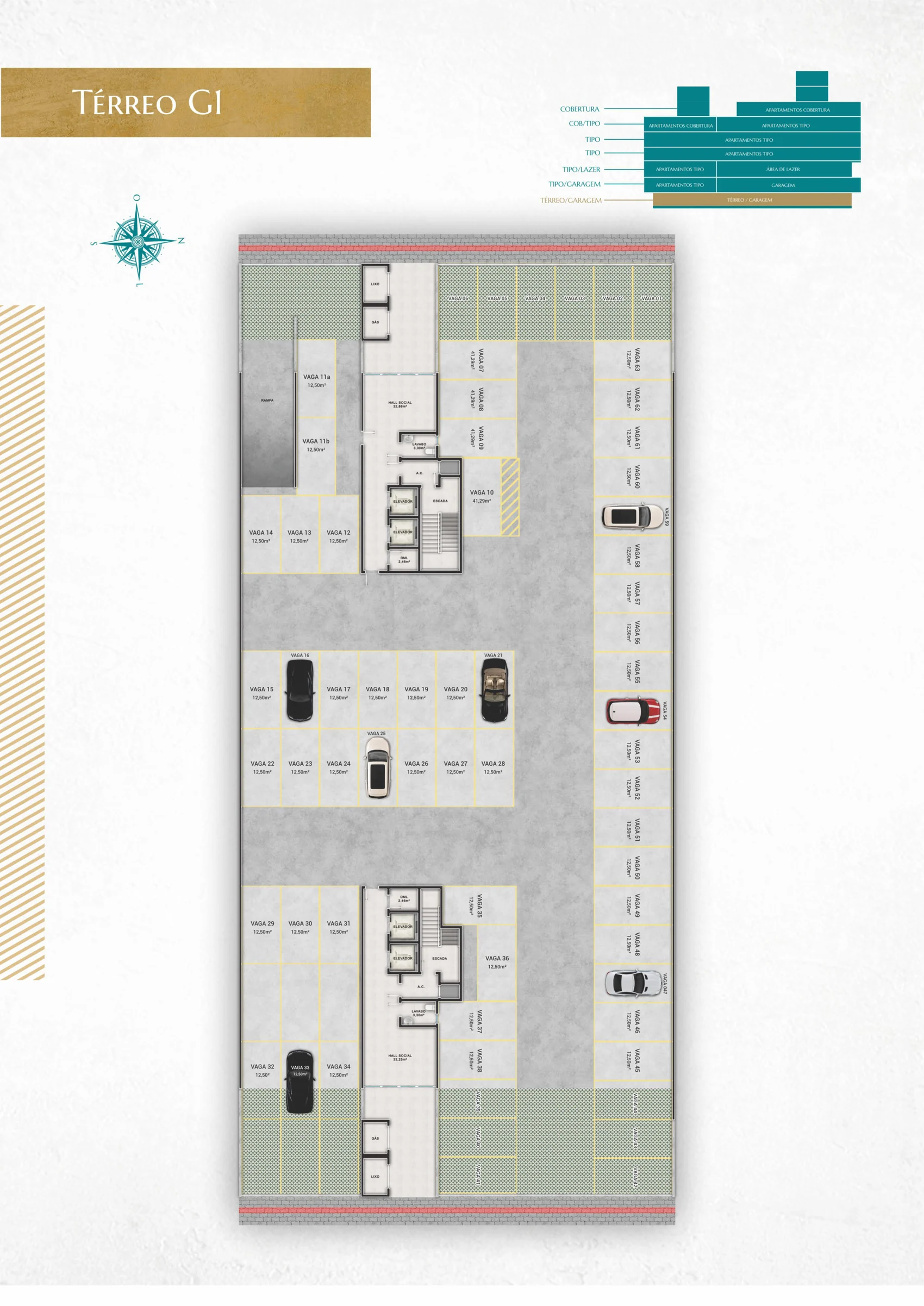Planta do pavimento térreo do Villa Amoreira, com a primeira garagem, o acesso de pedestres e as áreas de serviço