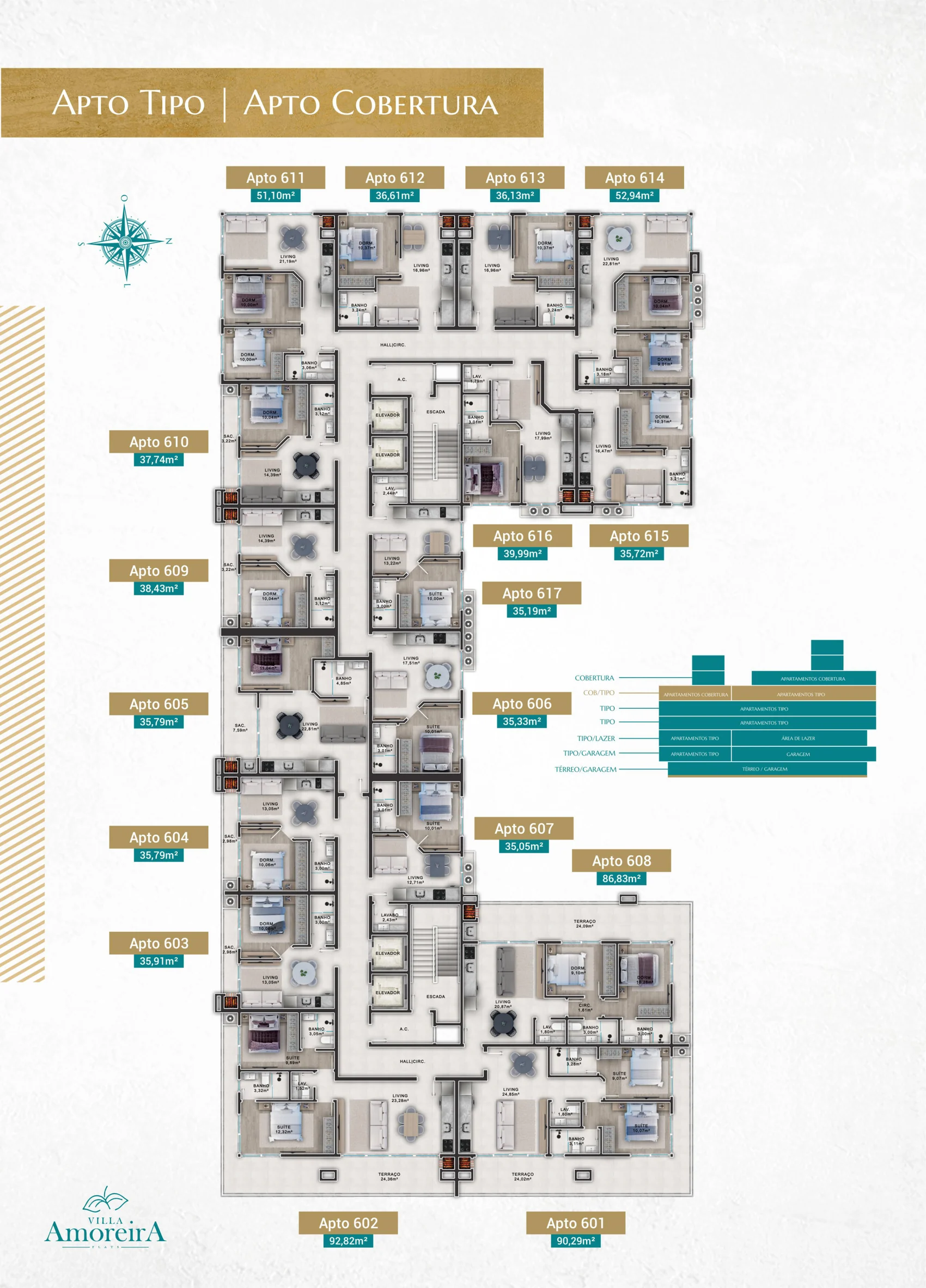 Planta do pavimento em que os apartamentos tipo convivem com o primeiro nível das coberturas