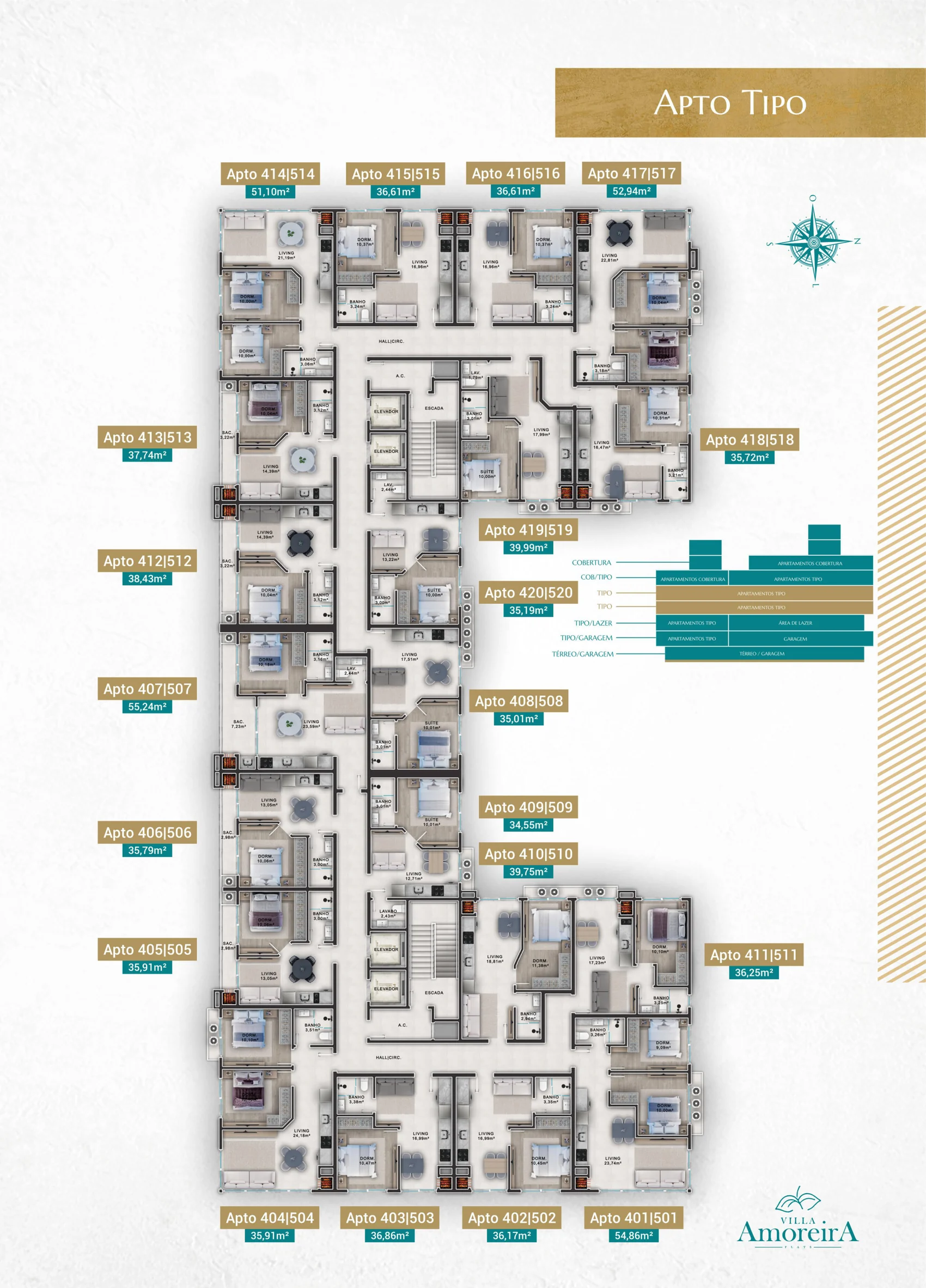 Planta de um pavimento tipo do Villa Amoreira, com os apartamentos em volta da circulação central, cada um com living, suíte e sacada