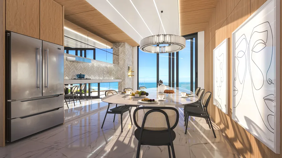 Churrasqueira da cobertura 701, com mesa de jantar, geladeira embutida e luminária circular
