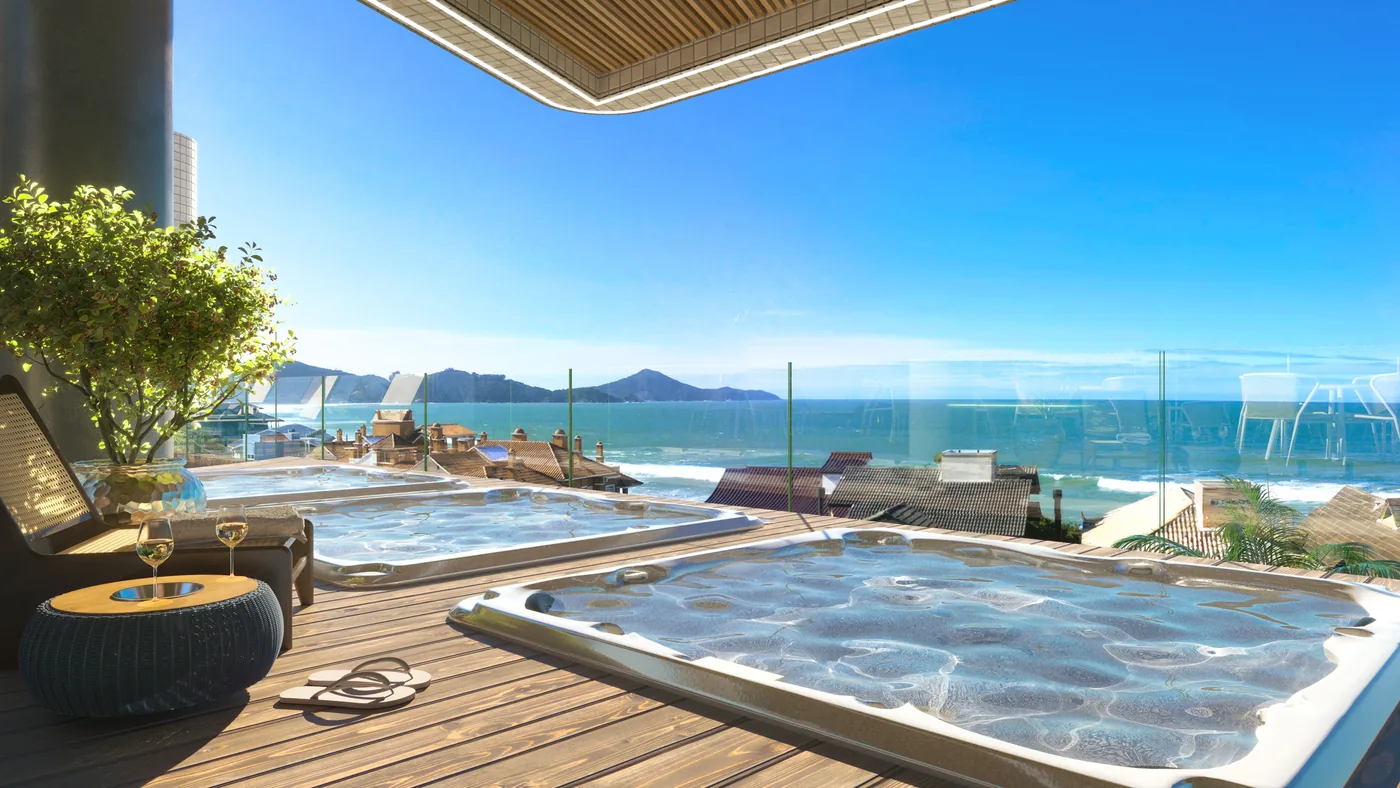 Hidromassagem do pavimento de lazer, em deck de madeira, com o mar e o morro ao fundo