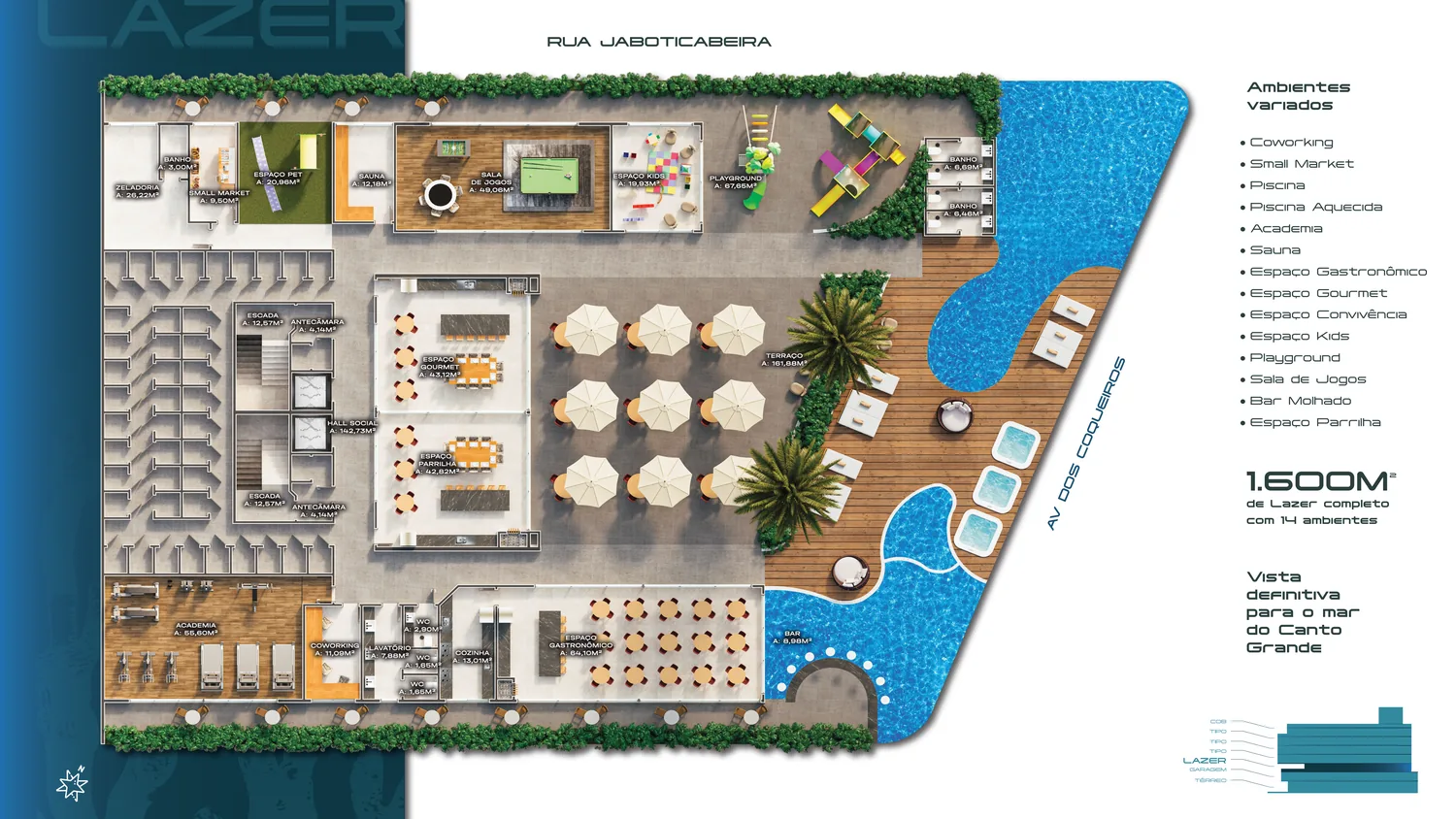 Planta do pavimento de lazer, com a piscina, os ambientes cobertos e a lista dos quatorze espaços