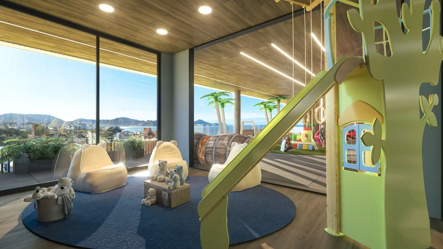 Espaço kids com marcenaria colorida em forma de casinha, tapete redondo e pufes baixos
