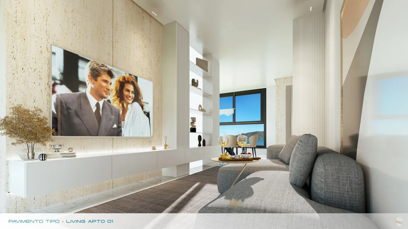 Living do apartamento tipo, com painel de televisão, estar claro e janela ampla