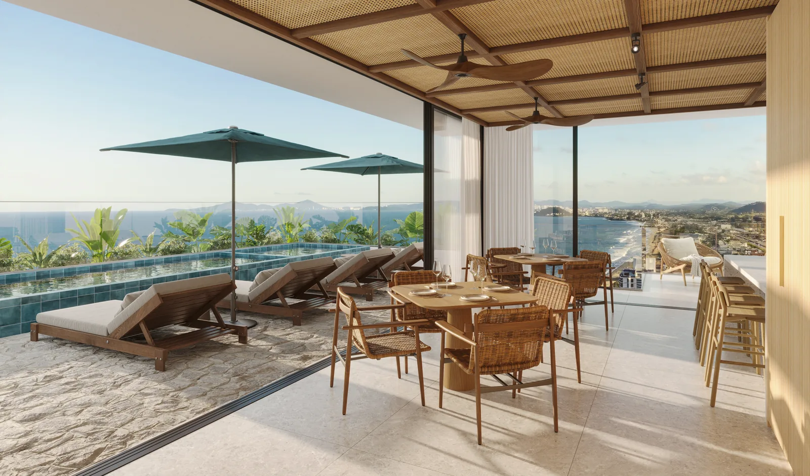 Bar da piscina do Vivatto, com balcão, banquetas altas e cobertura de madeira, aberto para o deck