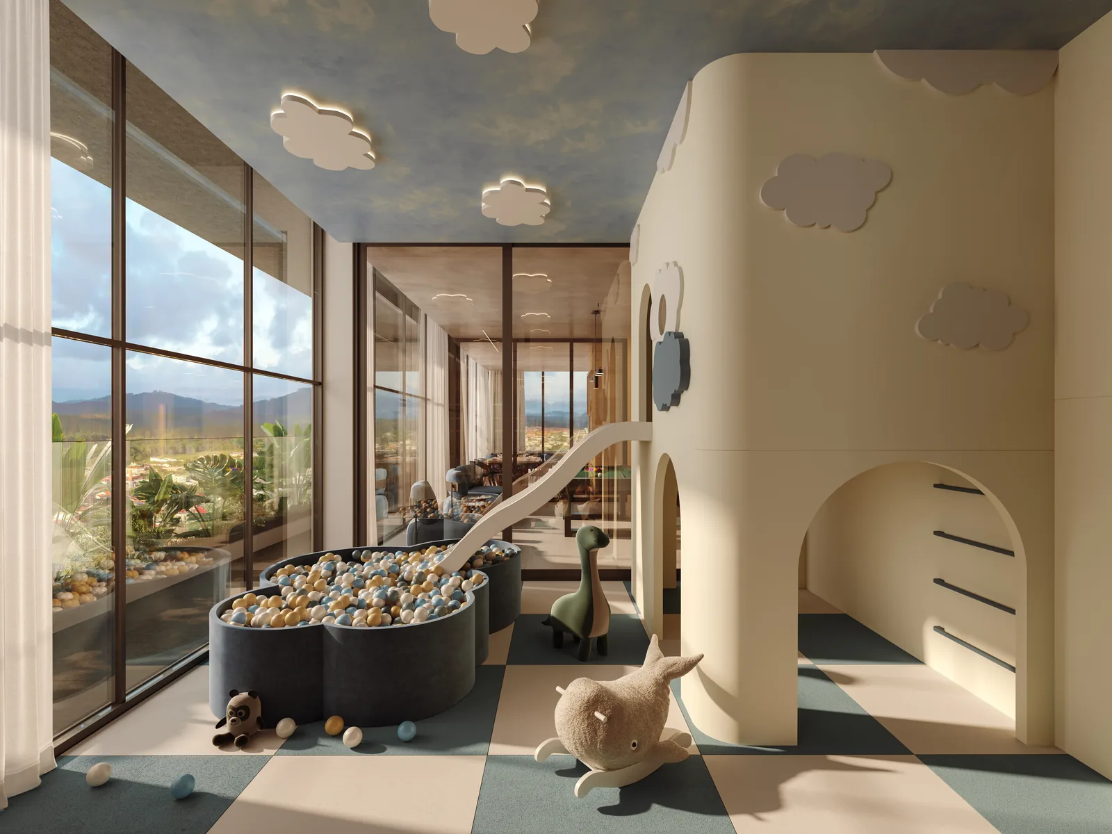 Brinquedoteca do Vivatto, com brinquedos de madeira, tapete, prateleiras baixas e mesa infantil