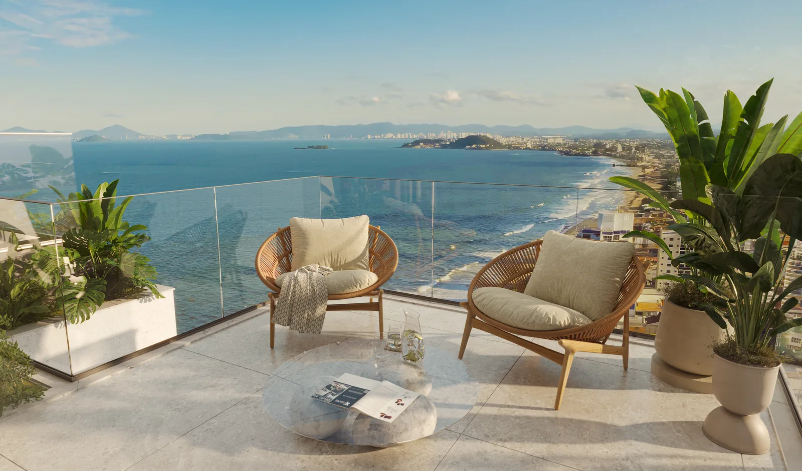 Mirante do rooftop com poltronas voltadas para a vista aberta e vegetação nas jardineiras
