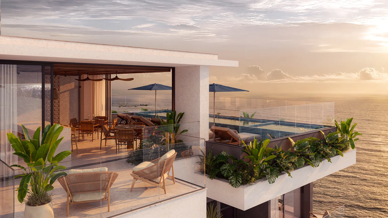 O terraço do último andar do Vivatto ao amanhecer, com as jardineiras em primeiro plano e o mar aberto adiante