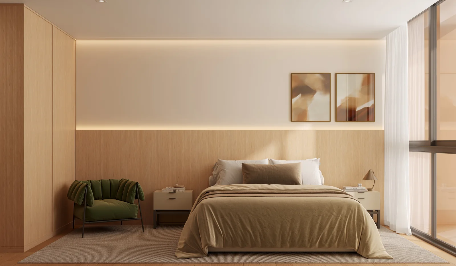 Segunda suíte de um apartamento do Vivatto, com cama de casal, bancada de apoio e janela ampla